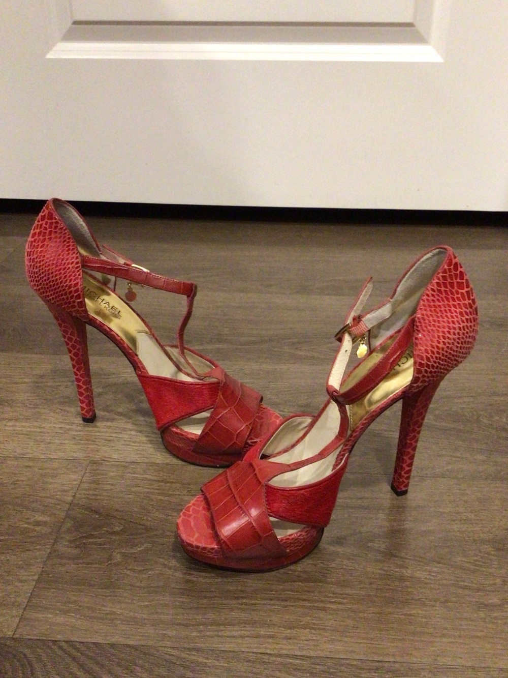MICHAEL Michael Kors Leather and Calf Hair Red T-Strap High Heels